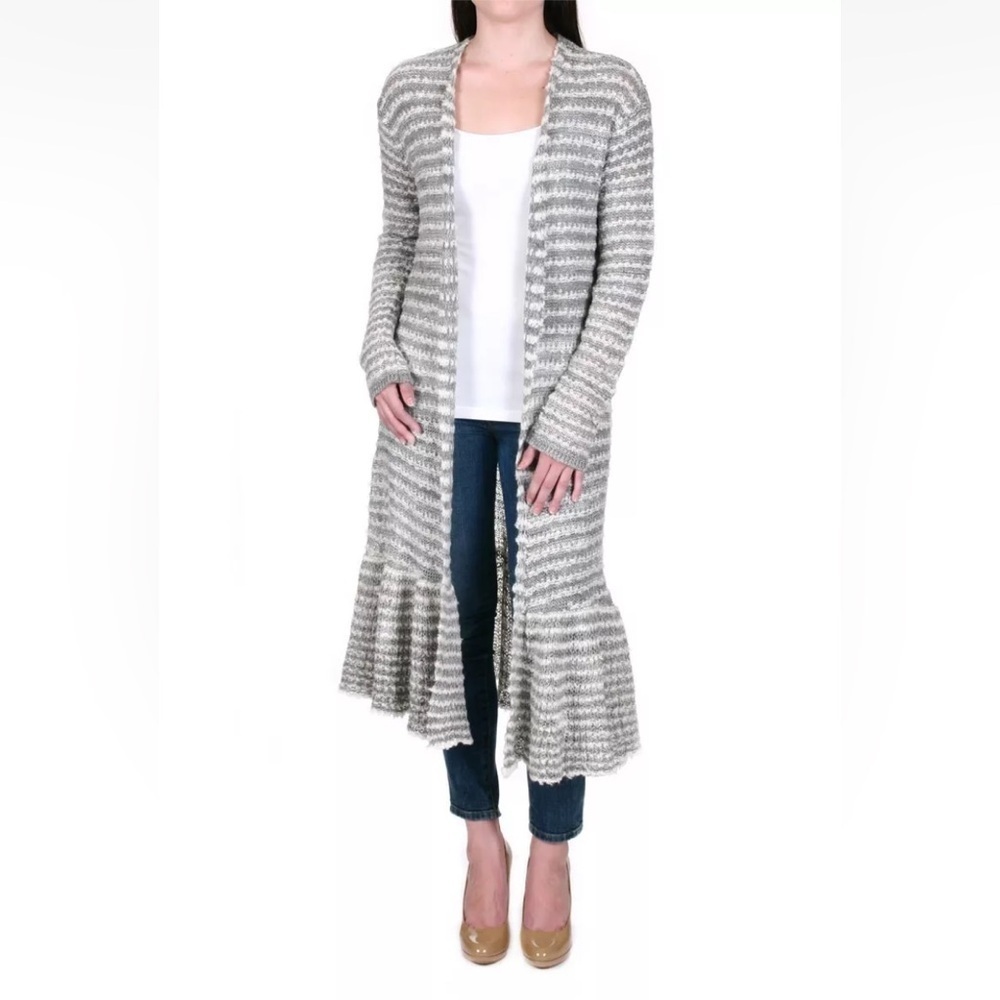 Free People Grey Smile Like You Mean It Stripe Knit L Cardigan Duster OB461298 - Picture 4 of 14